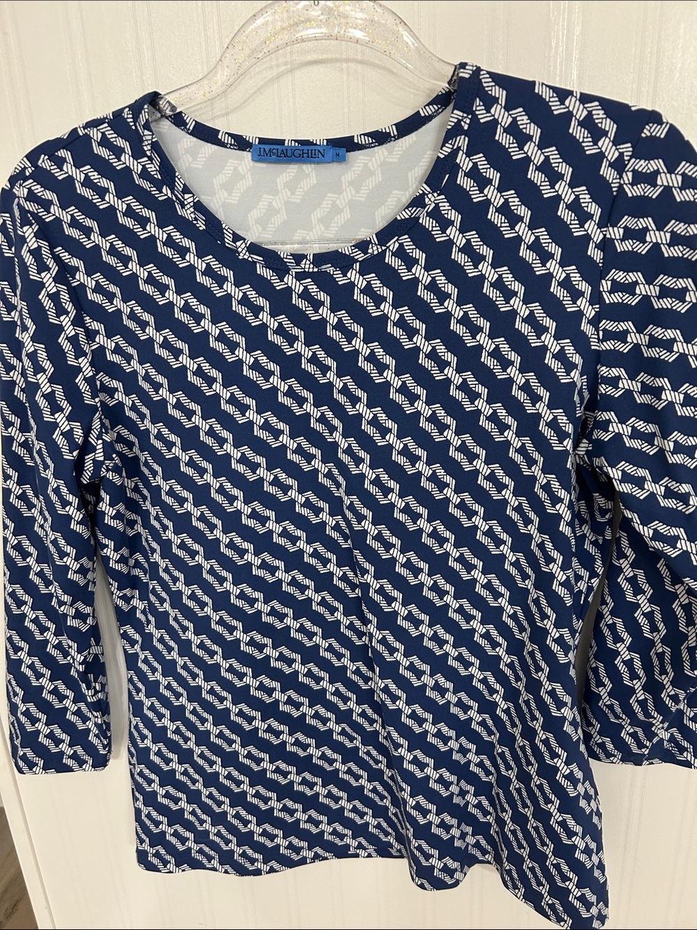 J. McLaughlin Navy and White Geometric Crewneck Top